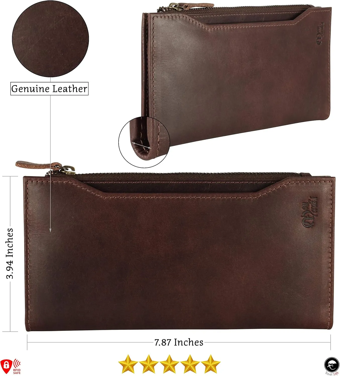 Mou Meraki Genuine Leather RFID Blocking Long Wallet – Vintage Bifold for Men