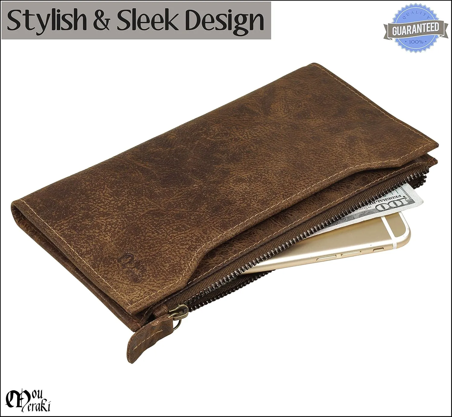 Mou Meraki Genuine Leather RFID Blocking Long Wallet – Vintage Bifold for Men