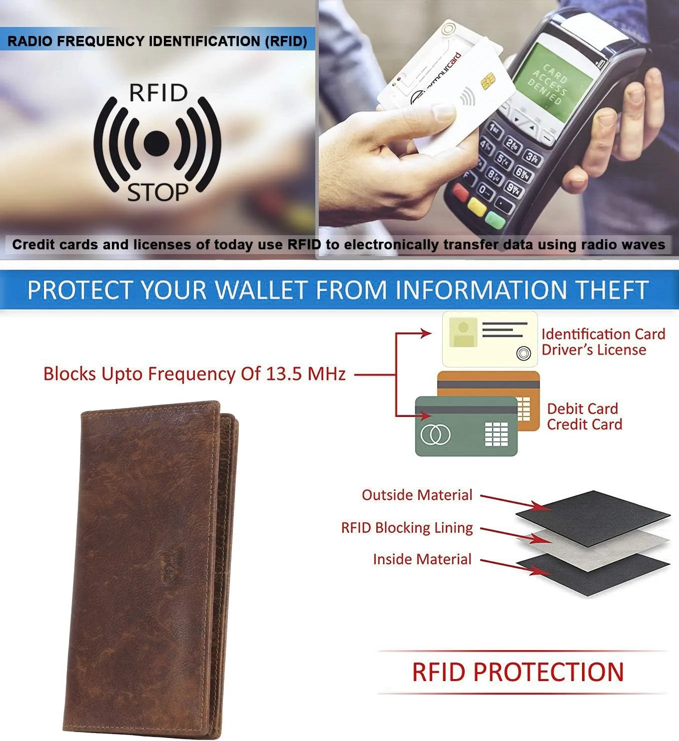 Mou Meraki RFID Blocking Mens Genuine leather Bifold Long Wallet
