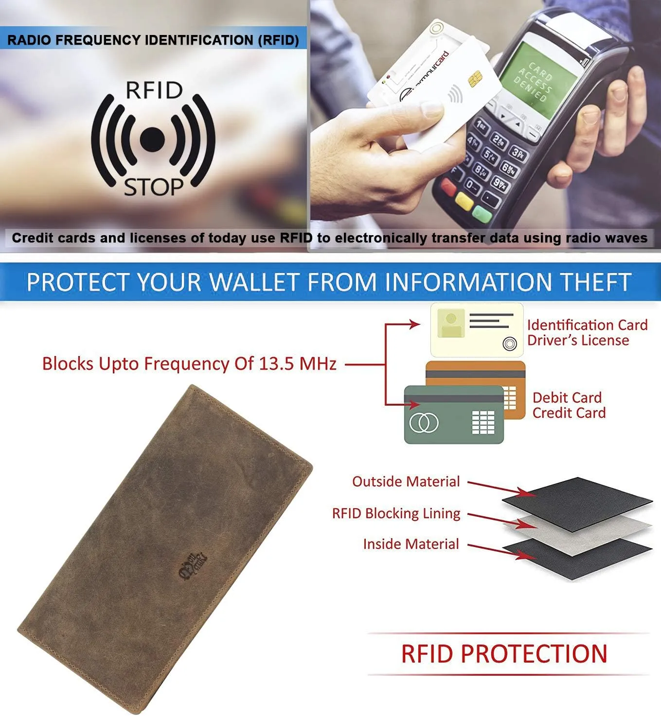 Mou Meraki RFID Blocking Mens Genuine leather Bifold Long Wallet