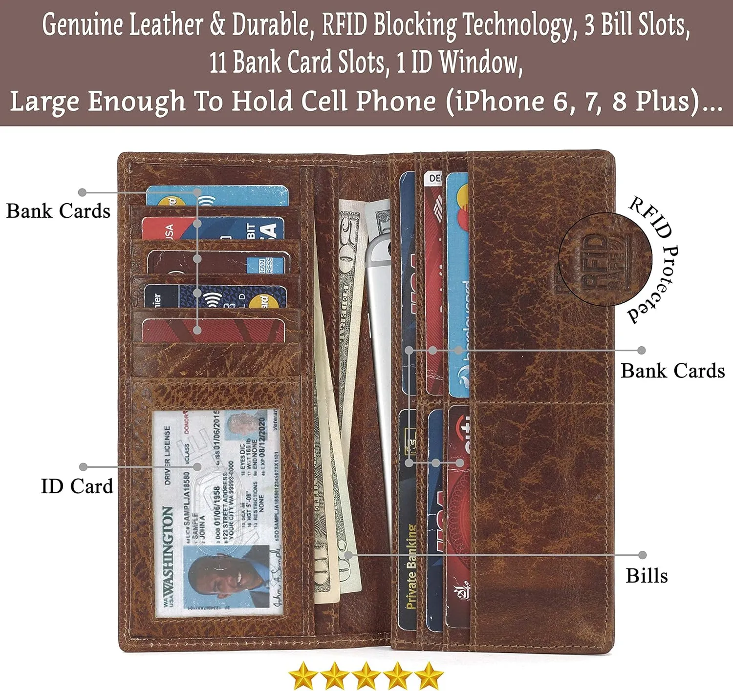 Mou Meraki RFID Blocking Mens Genuine leather Bifold Long Wallet