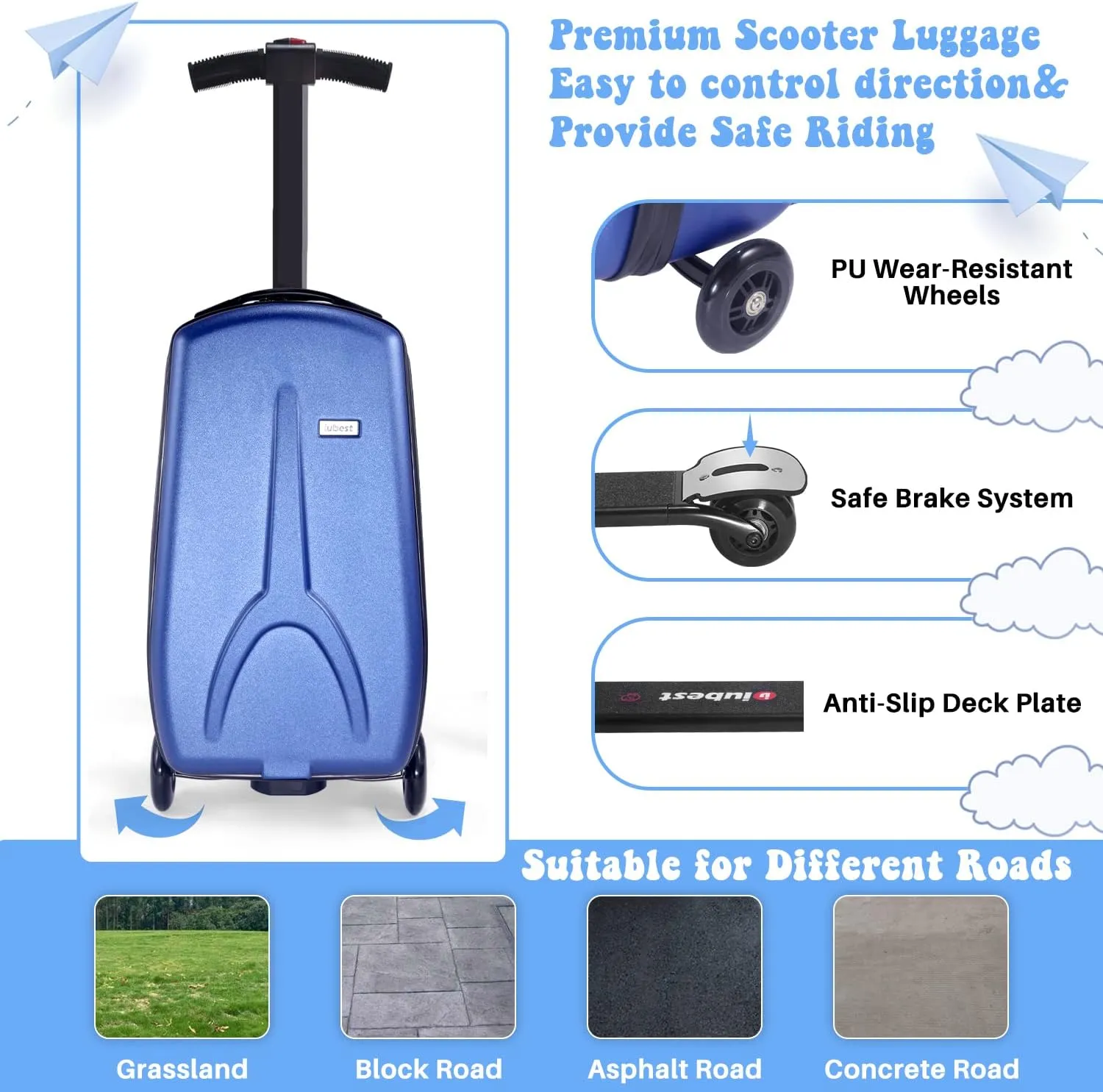 MRPLUM Scooter Luggage Detachable Ride On Suitcase Scooter for Kids Age 4-15,Carry-On Luggage Airline Approved,Multifunctional Travel Trolley Kids Scooter Suitcase Blue