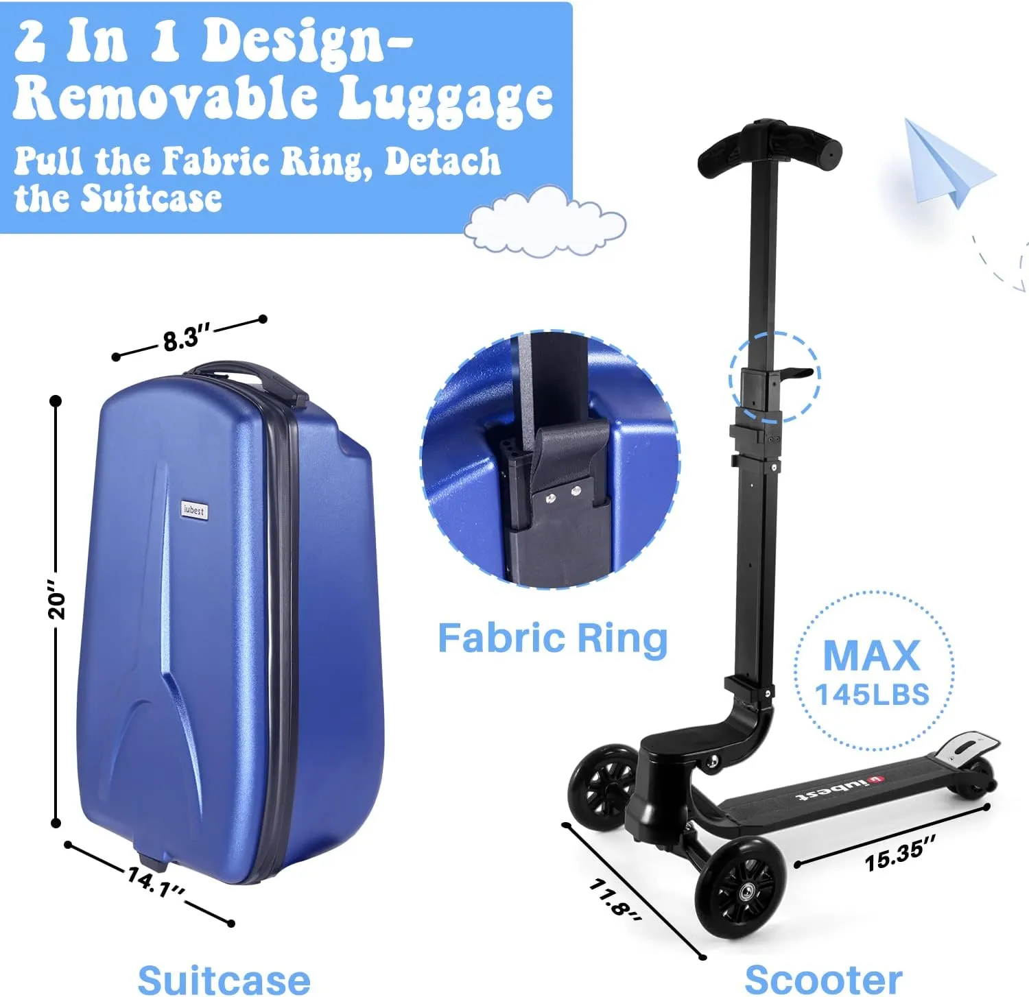 MRPLUM Scooter Luggage Detachable Ride On Suitcase Scooter for Kids Age 4-15,Carry-On Luggage Airline Approved,Multifunctional Travel Trolley Kids Scooter Suitcase Blue