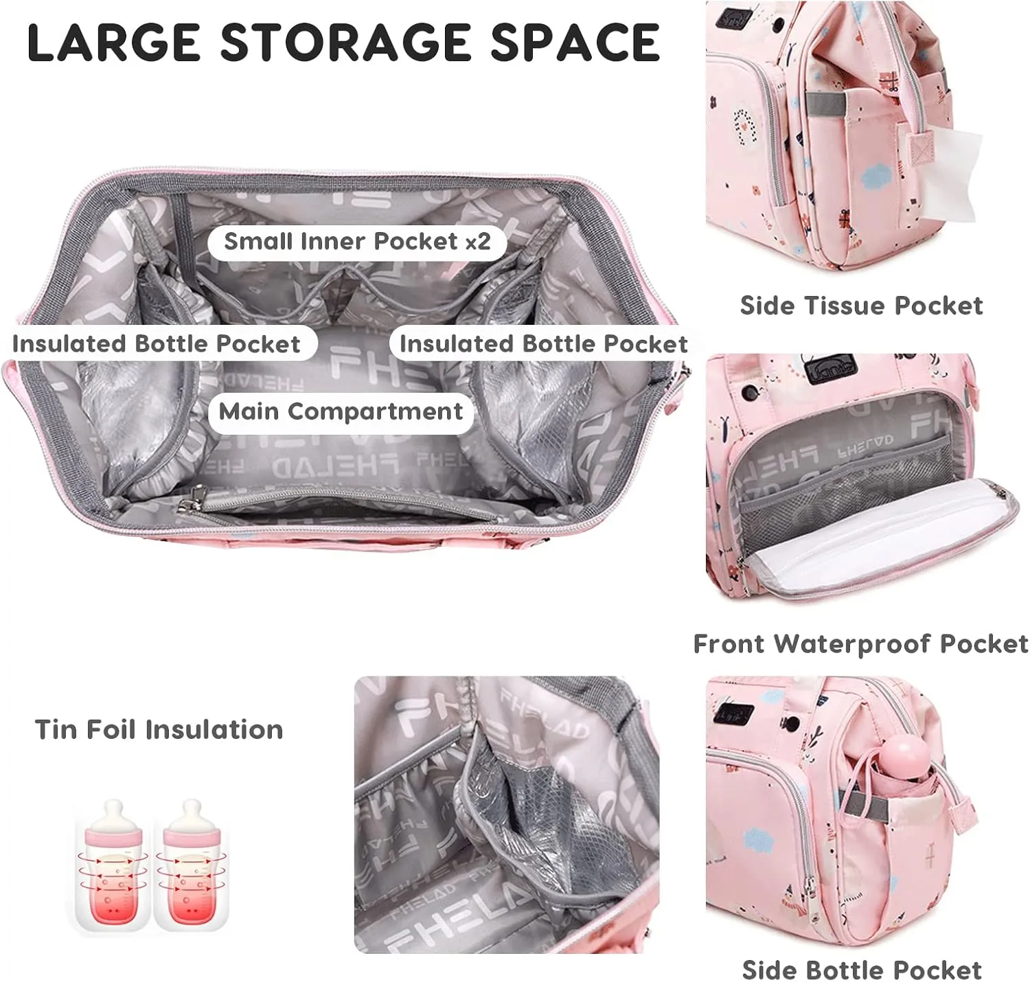 Multifunctional Diaper Bag, Lightweight Waterproof Travel Nappy Changing Tote Mommy Shoulder Bag (Pink)