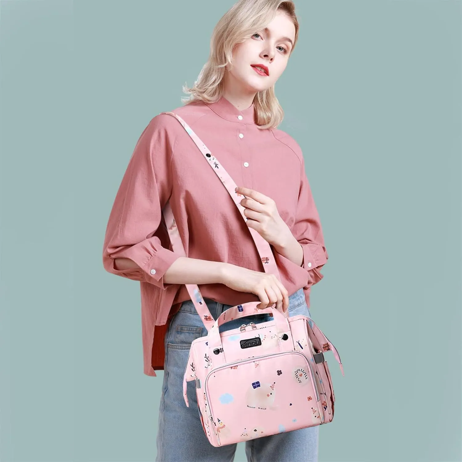 Multifunctional Diaper Bag, Lightweight Waterproof Travel Nappy Changing Tote Mommy Shoulder Bag (Pink)