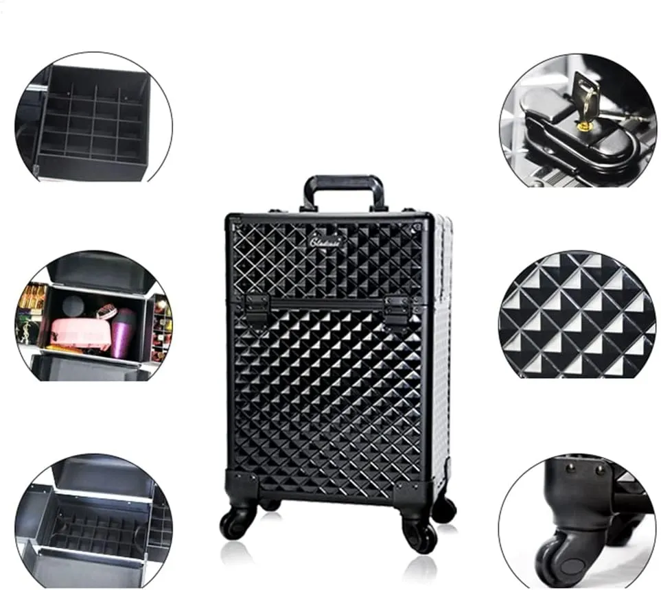 Multifunctional Large Capacity Wheeled Suitcase Ladies Trolley Cosmetic Case Travel Cosmetic Bag Rolling Luggage(Blue)