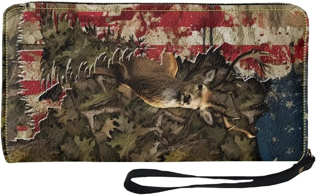 Mumeson 3D Deer Long Wallet Casual Zipper Round Long Wallet with Wristlet Portable Leather PU Purse for Travel School Multi-functional Pouch Mini Handbags