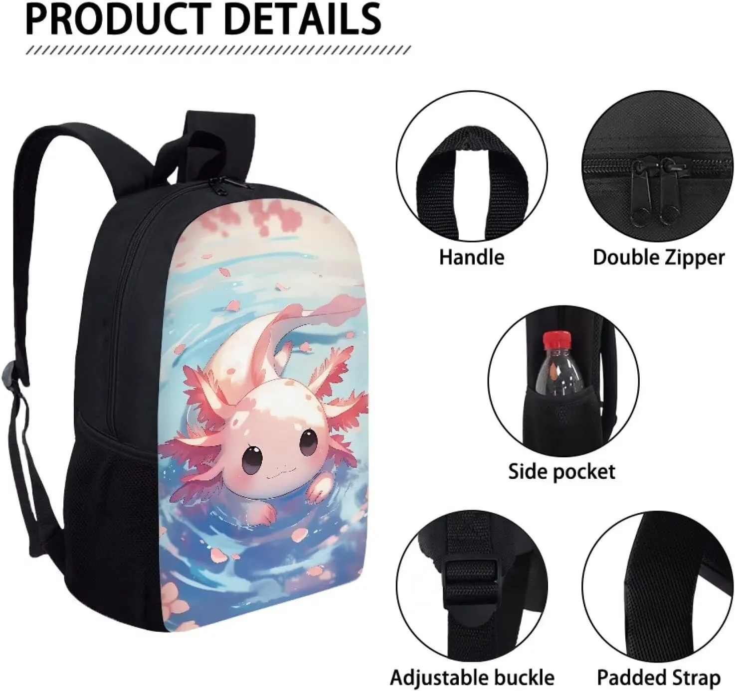 Mumeson Axolotl Cute Backpack for Teen Girls Boys, Large Capacity Back to School Bookbags Rucksack Lightweight School Bags Adjust Strap Daypack