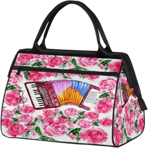Music Accordion Flower Travel Duffel Bag Sports Travel Duffel Bag Waterproof Durable Large Gym Tote Bag Weekender Overnight Bag for Women Travel Gym Yoga
