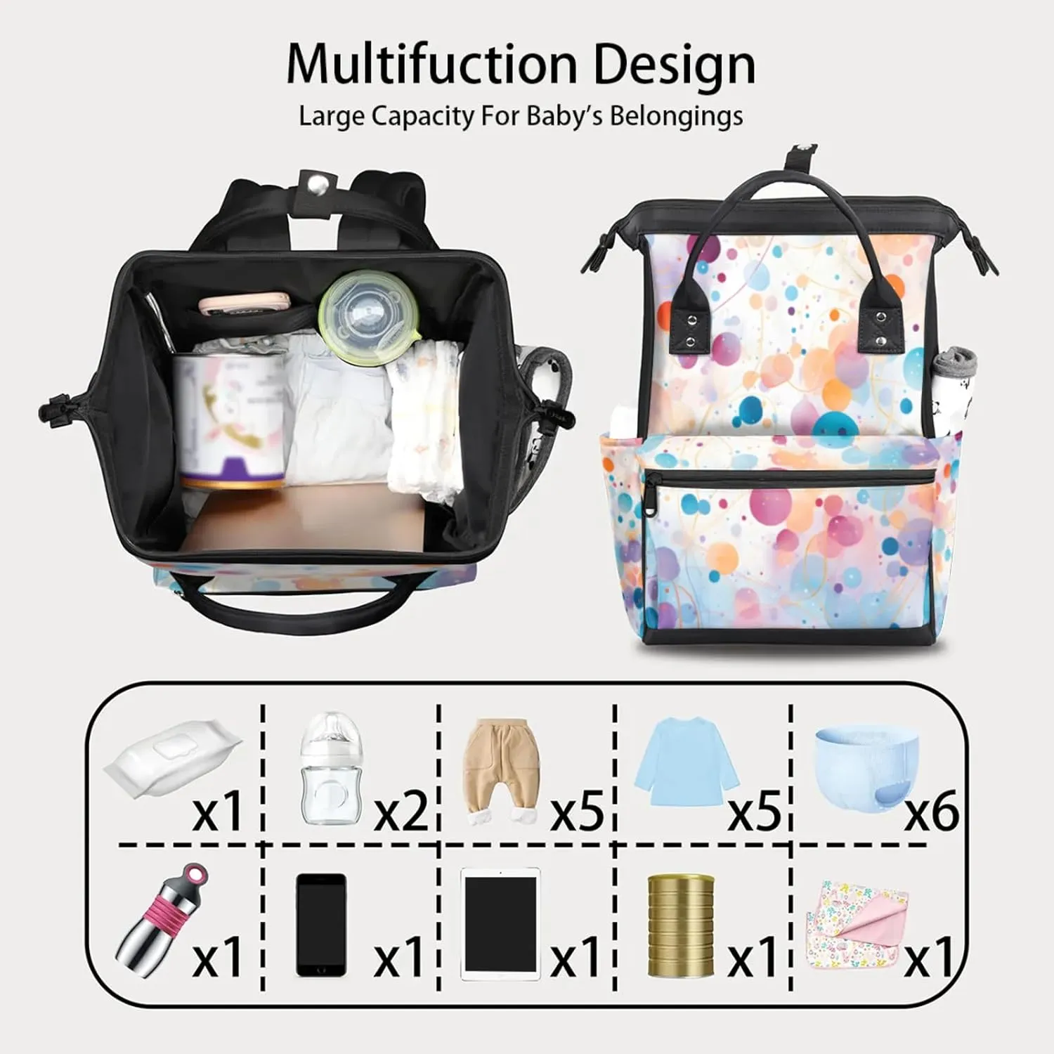 Mythical Forest Creatures Double Shoulder Mommy Bag for Women, Polyester Large Capacity Diaper Backpack with Multi Pockets, Waterproof Adjustable Straps Diaper Bag for Moms Dads, 11''×7''×15.7''
