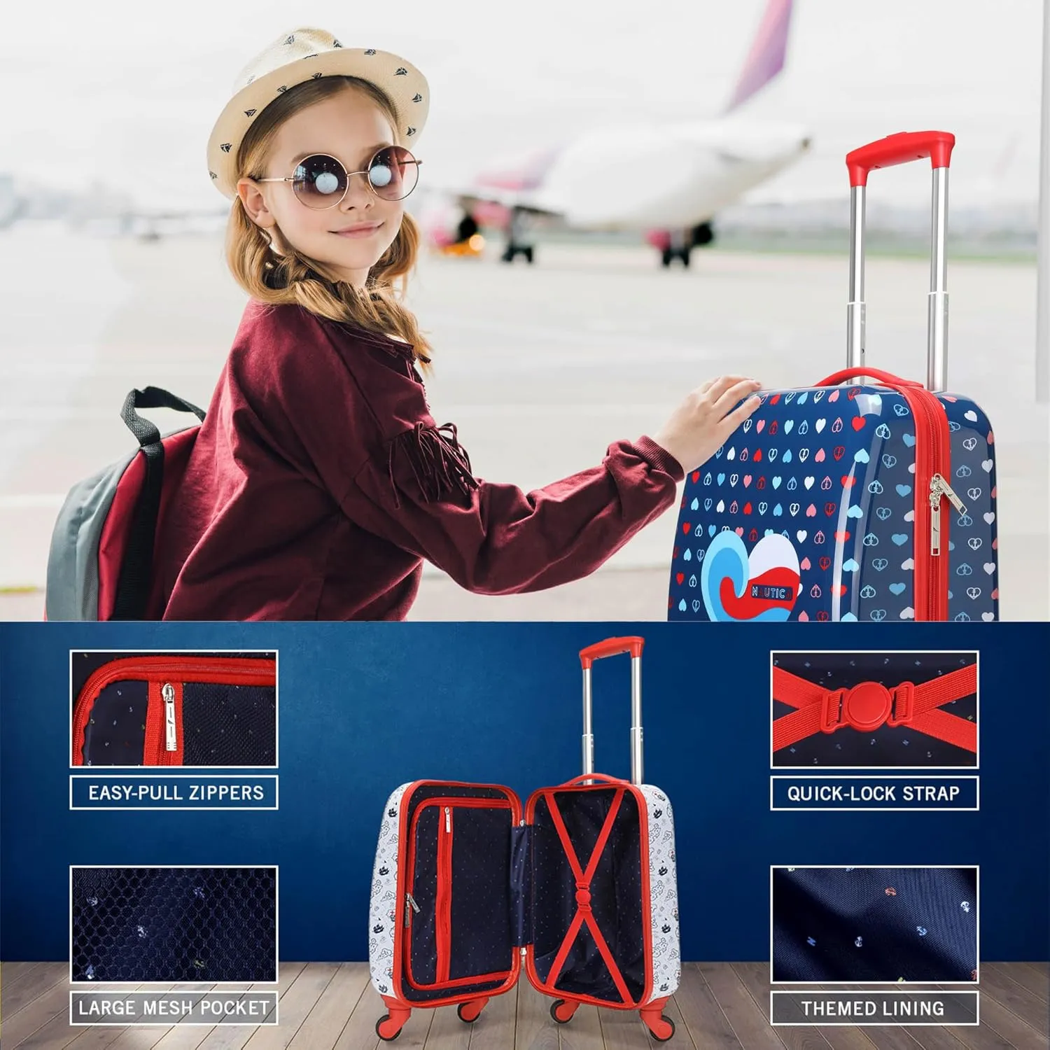 NAUTICA Kids Luggage - 18" Airline Approved Rolling Hardside Upright Carry-on Suitcase Set with Wheels (Polar Voyage | 5pc Travel Set)