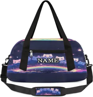 Neon Cat Stars Universe Print Personalized Kids Duffel Bag Custom Gym Sports Duffle Bag Teen Travel Gymnastic Weekender Overnighter Bag Carry on Toe Bag for Boys & Girls
