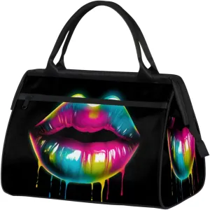 Neon Colors Lips Travel Duffle Bag, Waterproof Duffel Bag Weekender Overnight Carry On Bag Lightweight Sport Gym Bag for Men Women