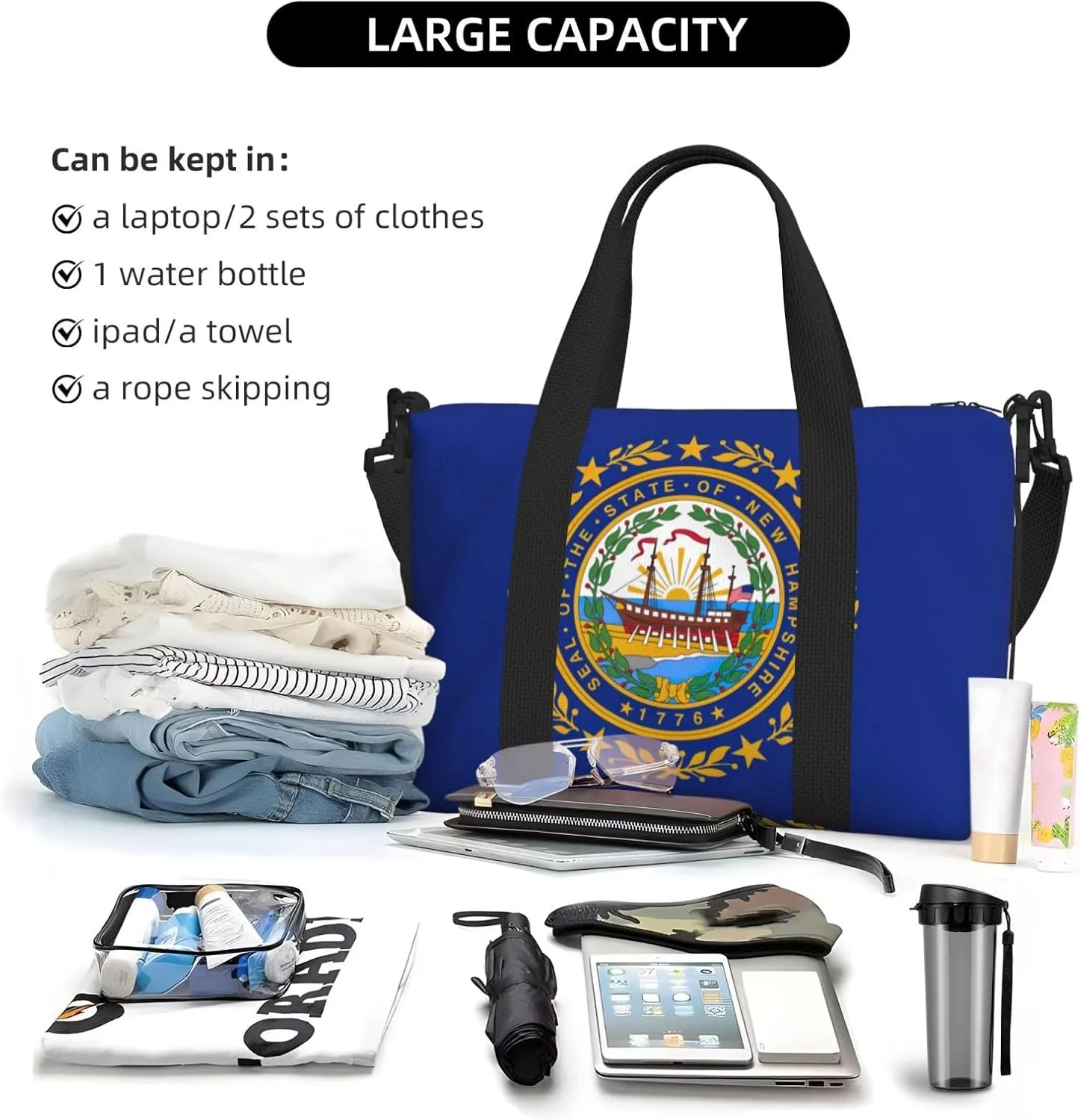 New Hampshire State Flag Travel Duffel Bag Carry On Tote Bags For Men,Weekender Overnight Bag,Sports Tote Gym Bag