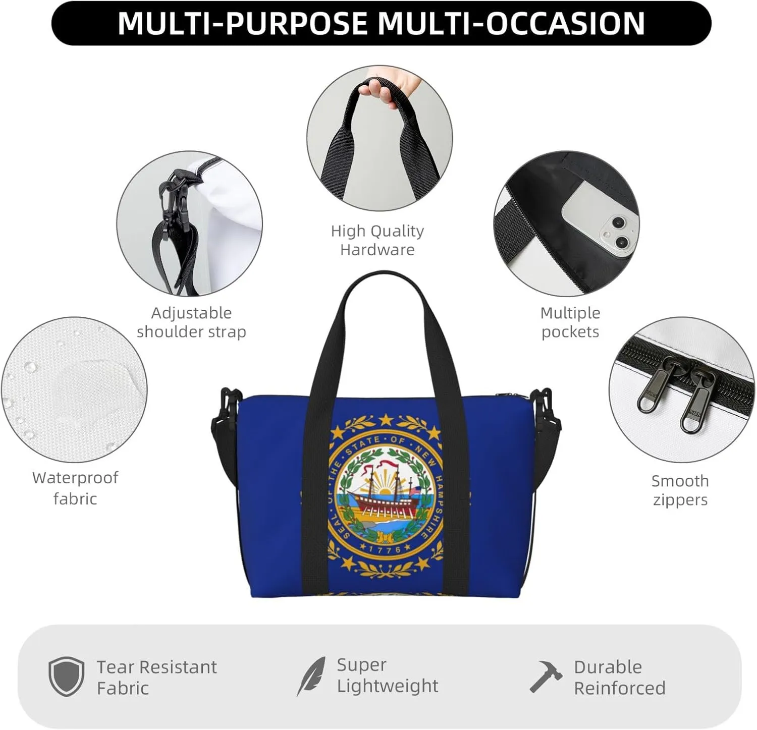 New Hampshire State Flag Travel Duffel Bag Carry On Tote Bags For Men,Weekender Overnight Bag,Sports Tote Gym Bag
