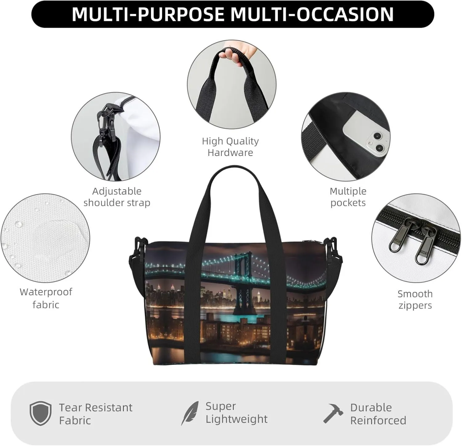 New York Manhattan Bridge Night Travel Duffel Bag Carry On Tote Bags For Men,Weekender Overnight Bag,Sports Tote Gym Bag