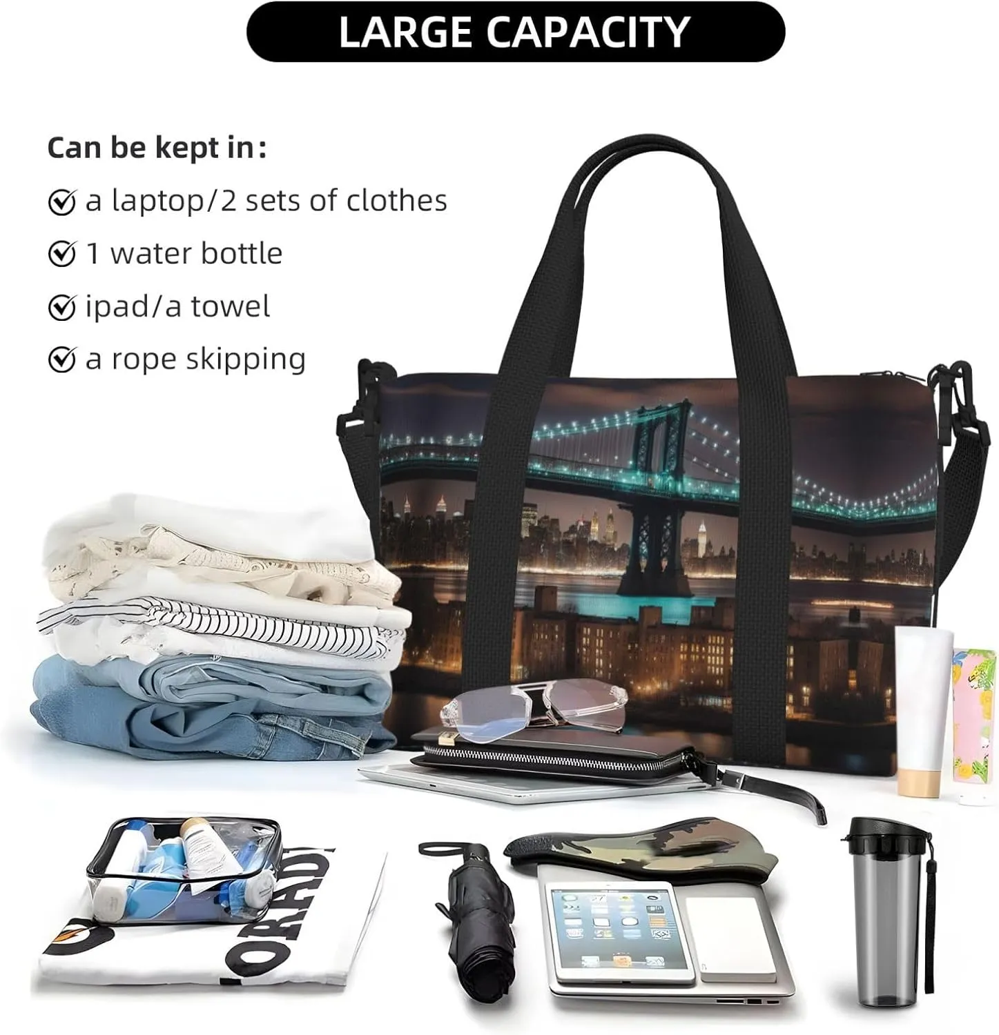 New York Manhattan Bridge Night Travel Duffel Bag Carry On Tote Bags For Men,Weekender Overnight Bag,Sports Tote Gym Bag