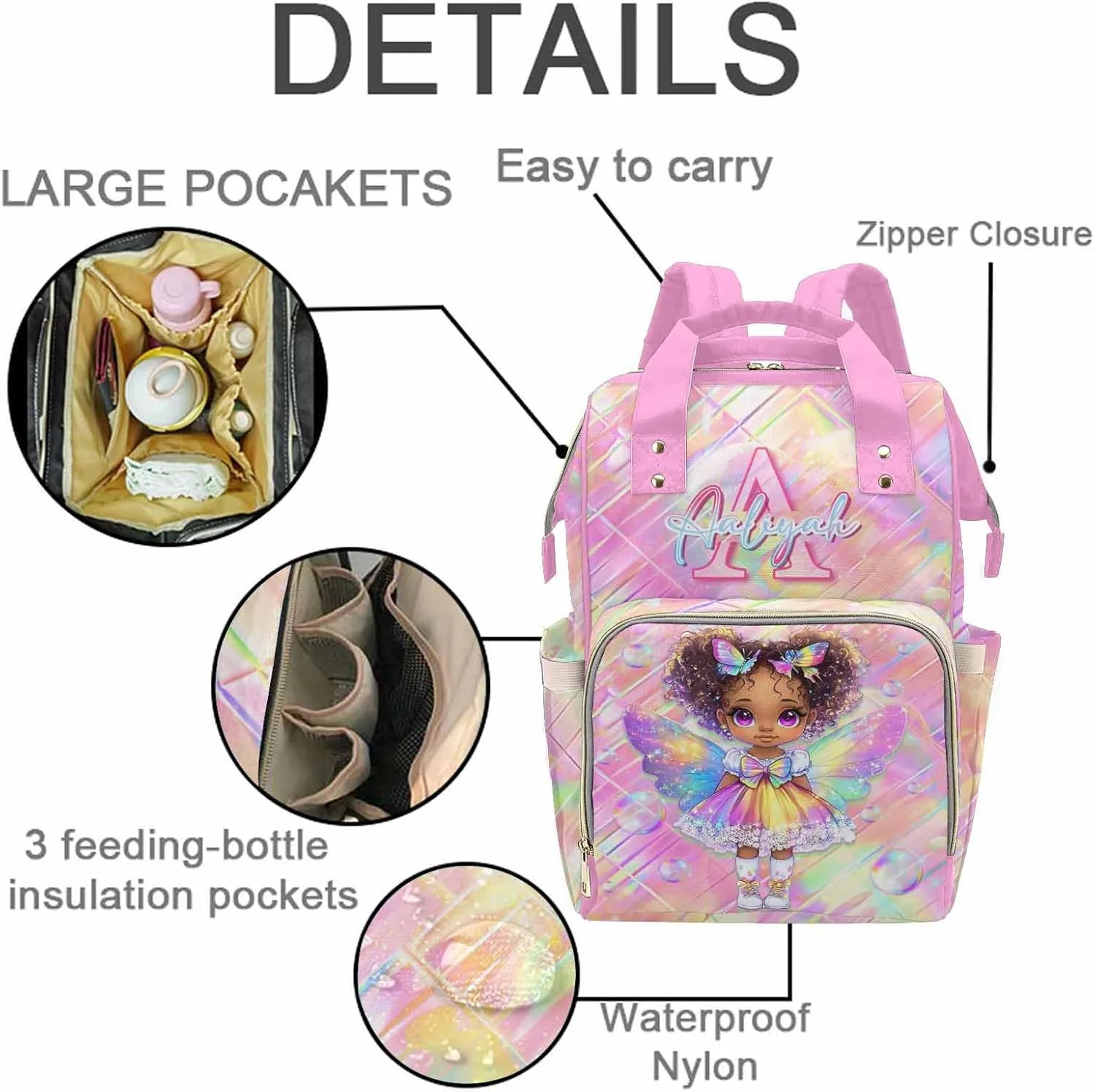 Newcos Personalized Name Diaper Bag for Women Men Custom Mommy Backpack Baby Bags Customized Large Capacity Daypack Shoulder Bag for New Mom Baby Travel Camping Work Office Pink