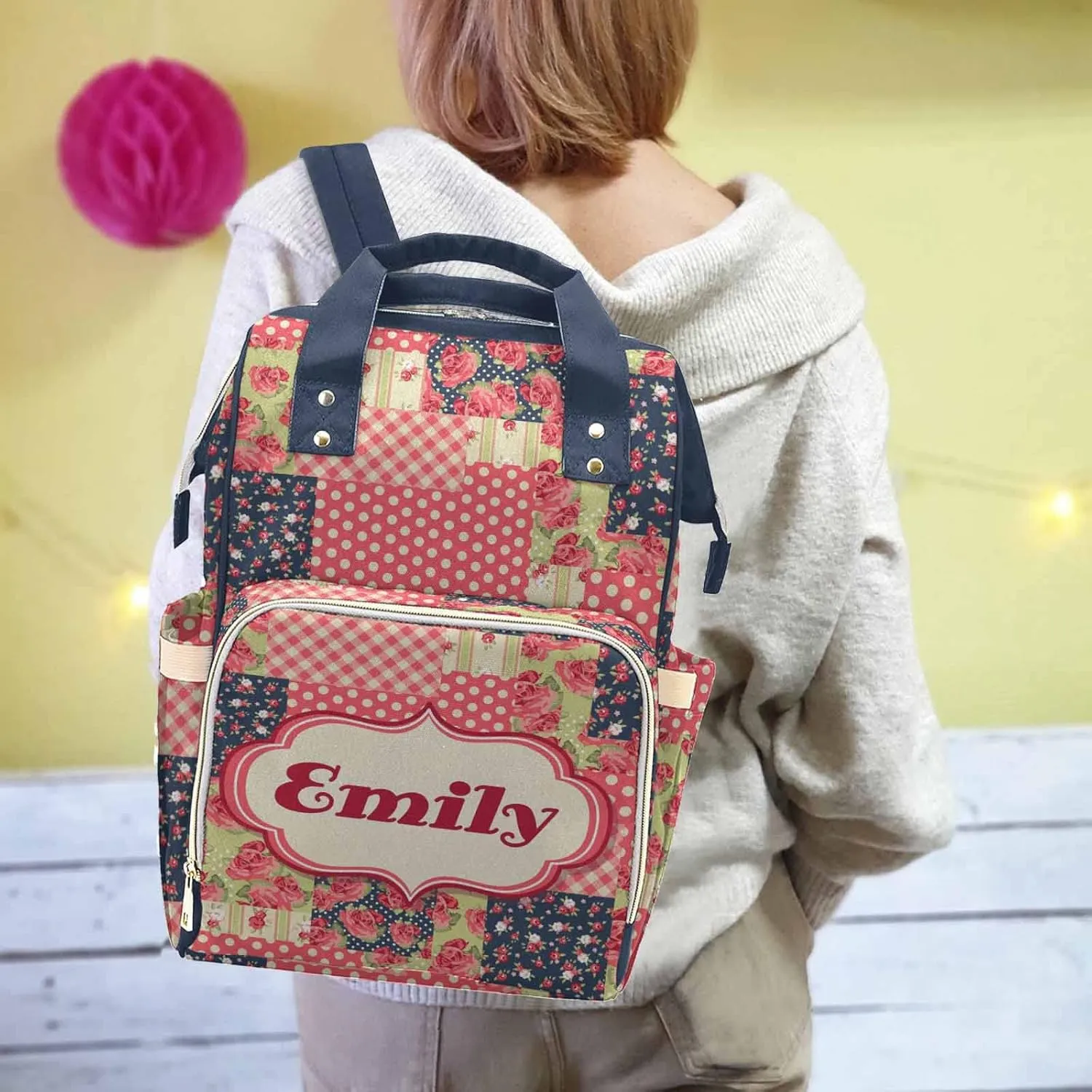 Newcos Personalized Name Diaper Bag with Floral for Mom, Custom Multifunction Mommy Nursing Backpack with Large Capacity for Travel, Birthday Mother's Day