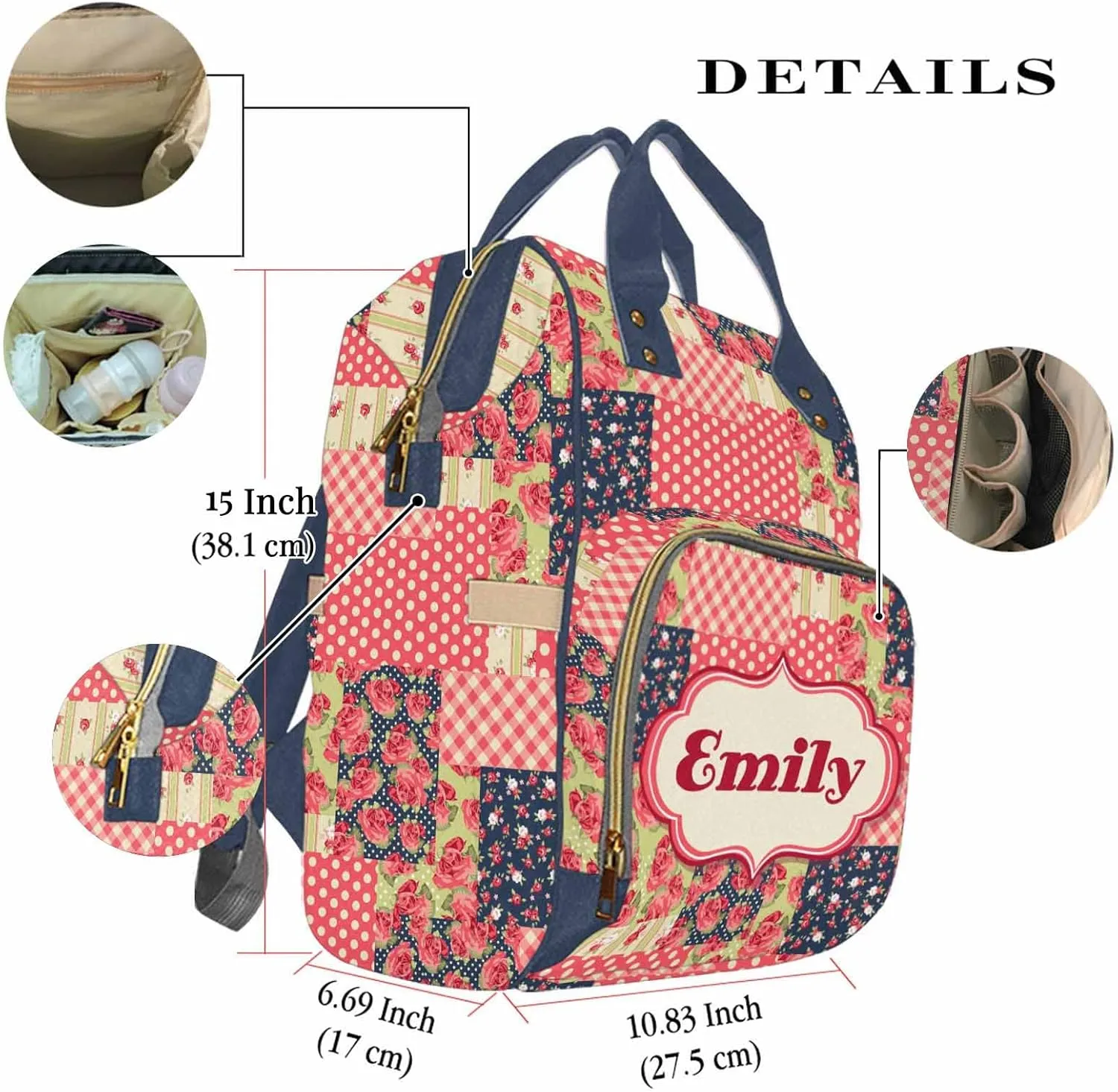 Newcos Personalized Name Diaper Bag with Floral for Mom, Custom Multifunction Mommy Nursing Backpack with Large Capacity for Travel, Birthday Mother's Day