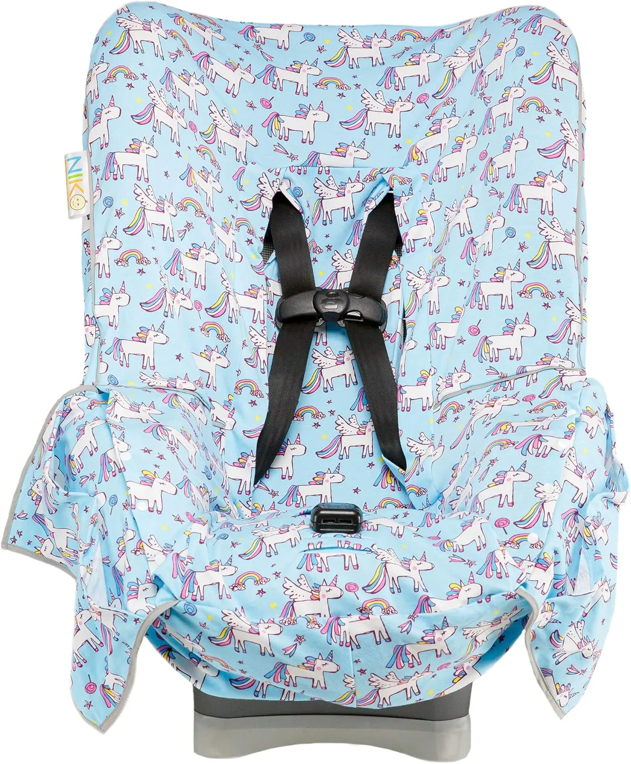 Niko Easy-Wash Children's Car Seat Cover & Liner - 100% Cotton Jersey Blue Unicorn - Fits Most Toddler Car Seats - Universal Fit - Waterproof SEAT Bottom - Machine Wash and Dry