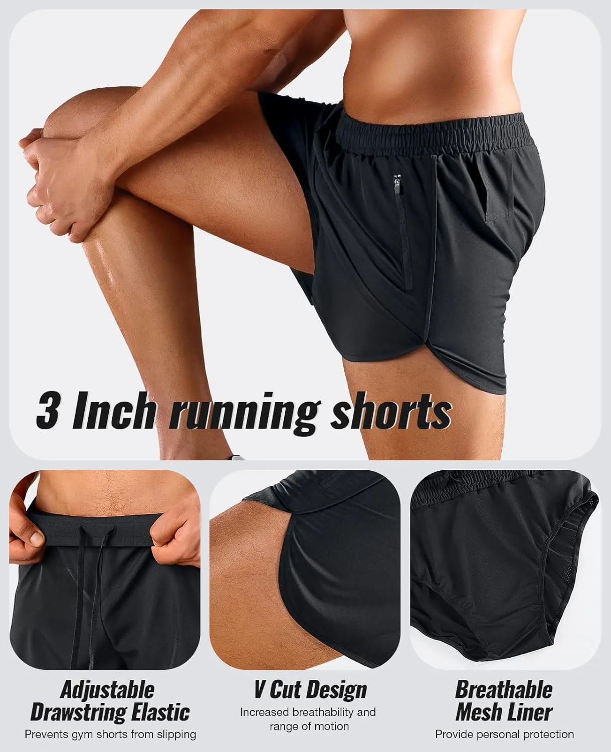 Niksa Men’s Running Shorts 3" Workout Athletic Shorts with Zipper Pockets Lightweight Quick Dry Gym Shorts