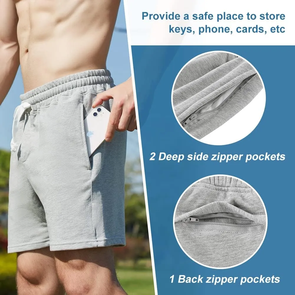 NIMENJOJA Mens 5.5" Athletic Gym Shorts Cotton Jogger Workout Lounge Jersey Zipper Pocket Sweat Shorts