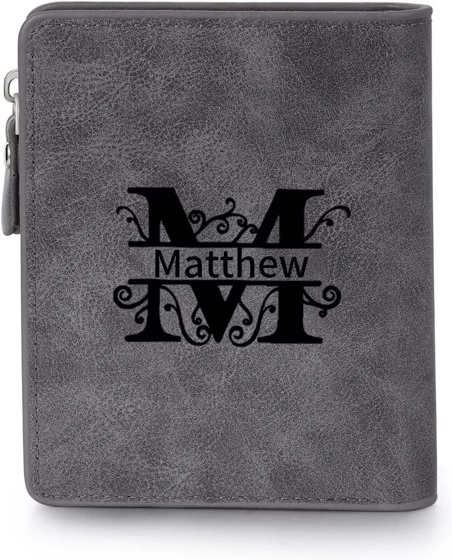 Nobelook Personalized Wallet for men Custom Engraved Mens Wallets with Photo Monogram Name Short Bifold Leather Wallet Zipper Purse for Father Dad Husband Son BF Gray