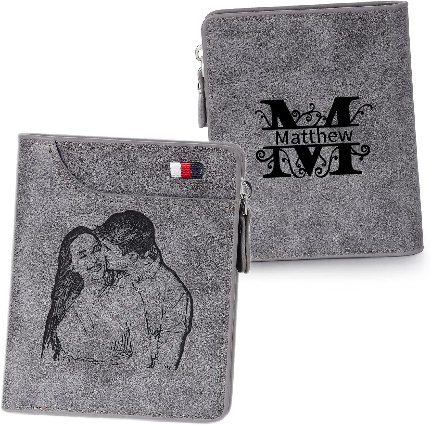 Nobelook Personalized Wallet for men Custom Engraved Mens Wallets with Photo Monogram Name Short Bifold Leather Wallet Zipper Purse for Father Dad Husband Son BF Gray