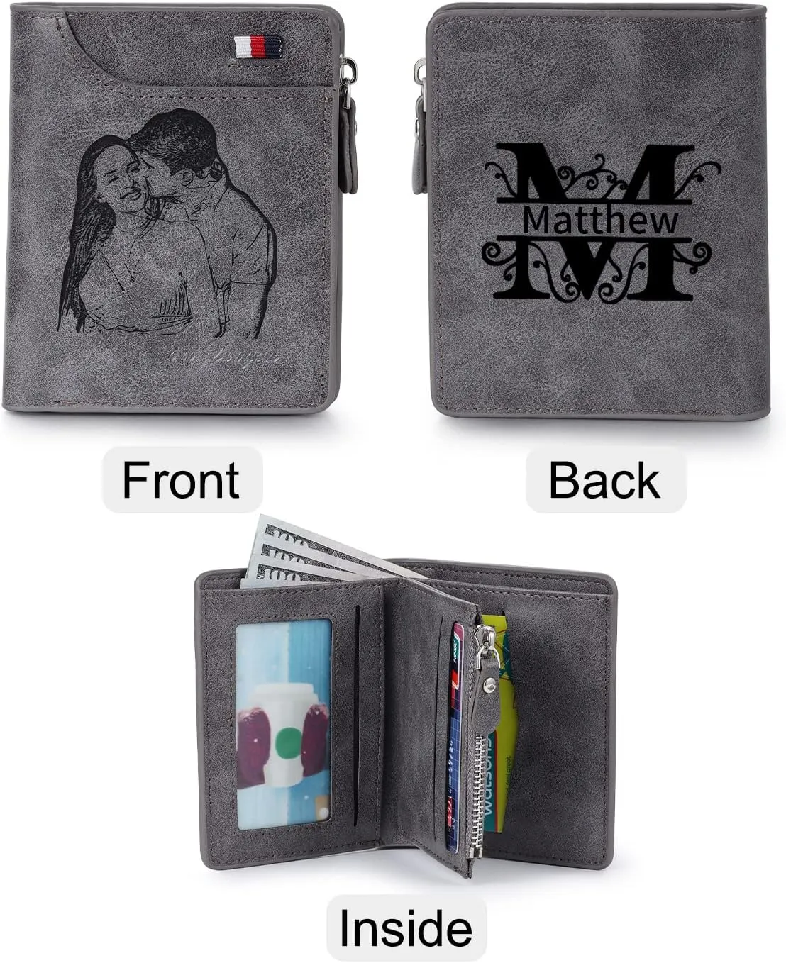 Nobelook Personalized Wallet for men Custom Engraved Mens Wallets with Photo Monogram Name Short Bifold Leather Wallet Zipper Purse for Father Dad Husband Son BF Gray