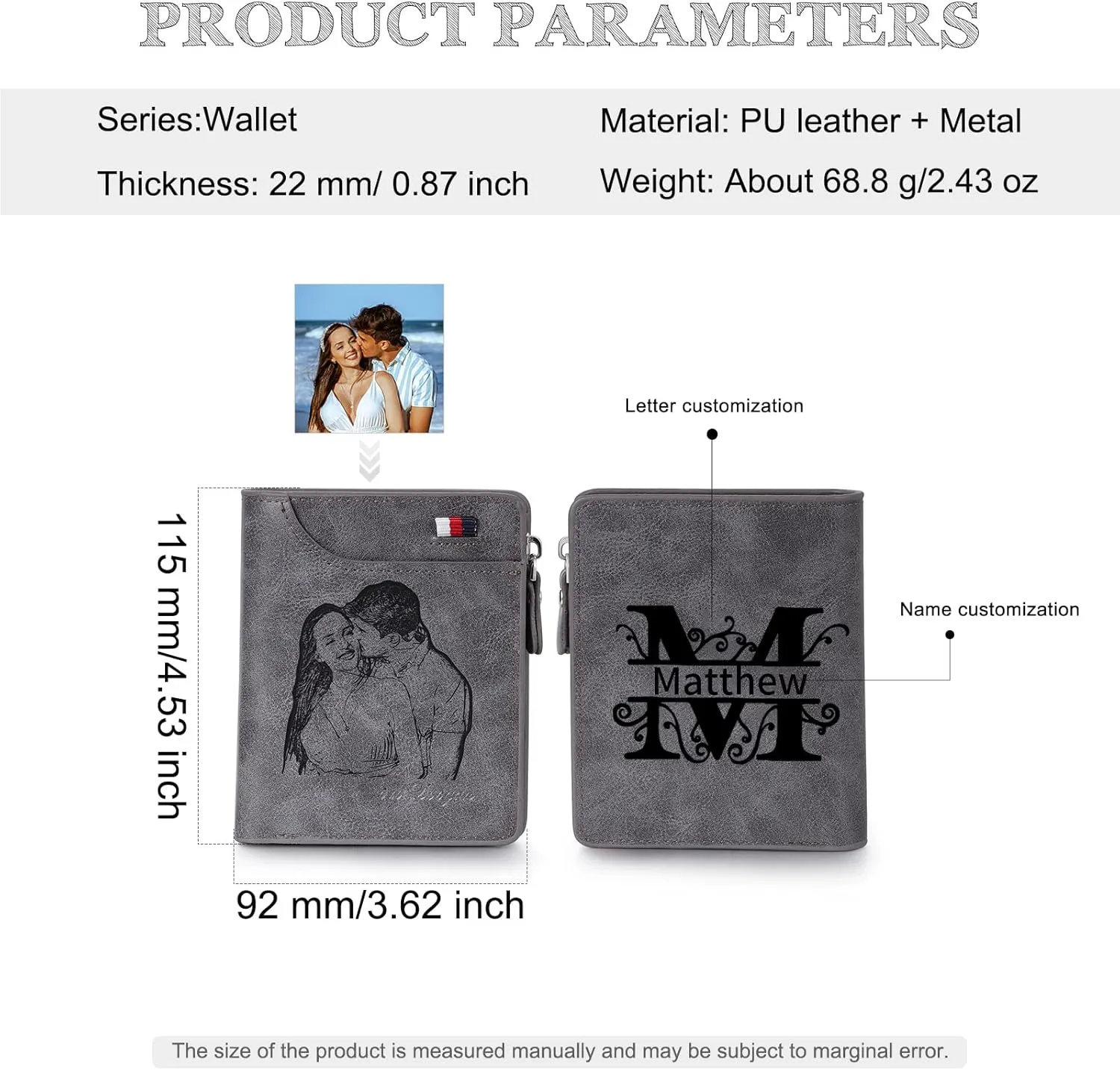 Nobelook Personalized Wallet for men Custom Engraved Mens Wallets with Photo Monogram Name Short Bifold Leather Wallet Zipper Purse for Father Dad Husband Son BF Gray