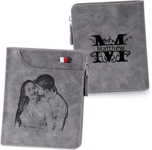 Nobelook Personalized Wallet for men Custom Engraved Mens Wallets with Photo Monogram Name Short Bifold Leather Wallet Zipper Purse for Father Dad Husband Son BF Gray