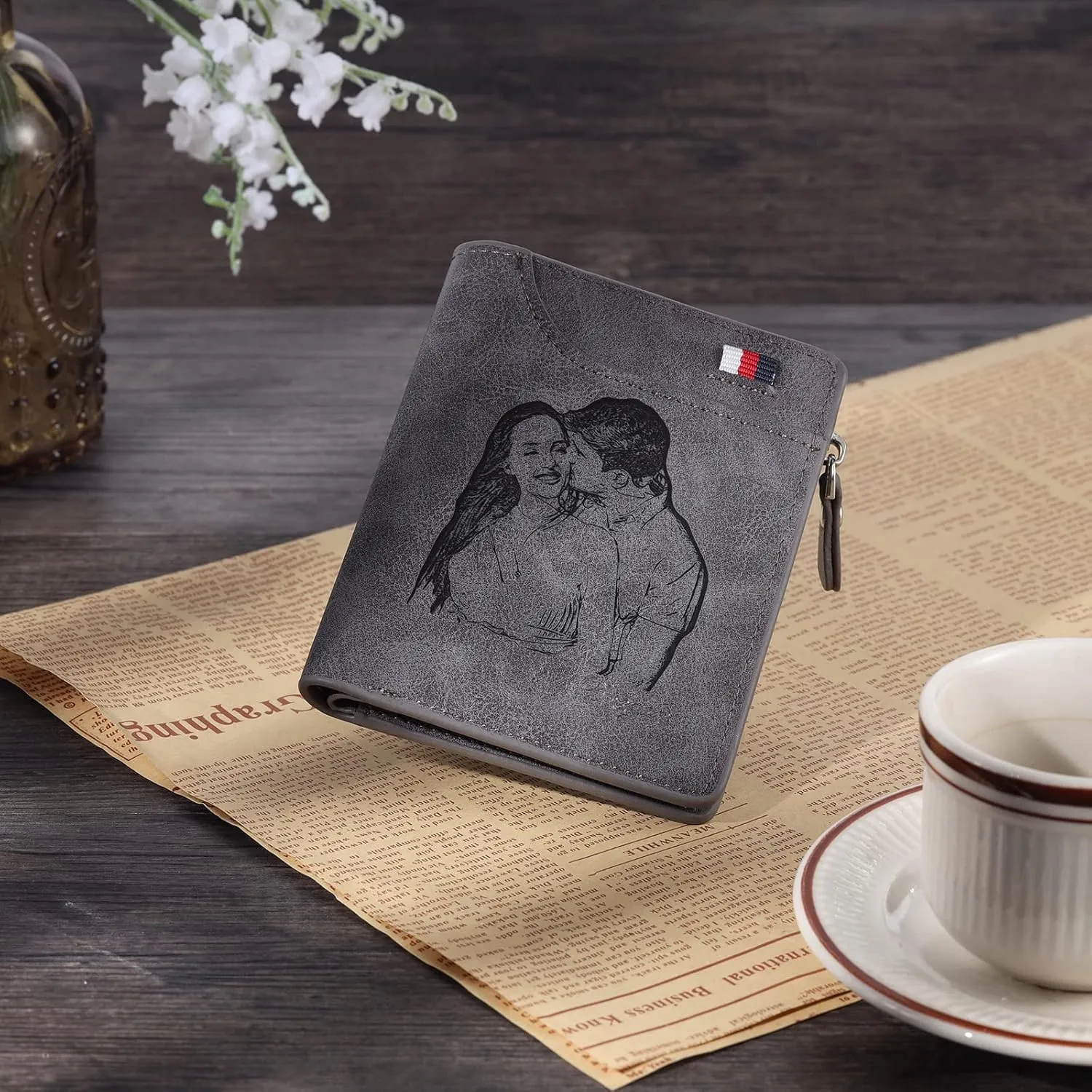Nobelook Personalized Wallet for men Custom Engraved Mens Wallets with Photo Monogram Name Short Bifold Leather Wallet Zipper Purse for Father Dad Husband Son BF Gray