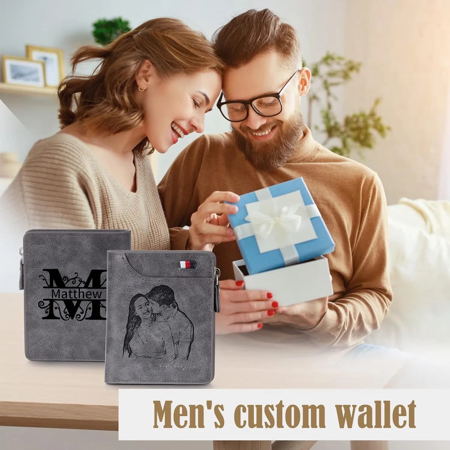 Nobelook Personalized Wallet for men Custom Engraved Mens Wallets with Photo Monogram Name Short Bifold Leather Wallet Zipper Purse for Father Dad Husband Son BF Gray
