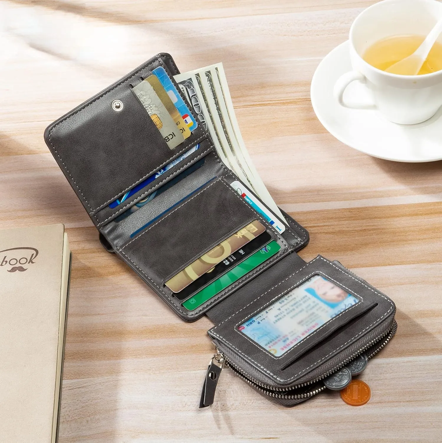 Nobelook Personalized Wallet for men Custom Engraved Mens Wallets with Photo Monogram Name Trifold Vertical Short Leather Wallet Zipper Purse for Father Dad Husband Son BF Brown Gray