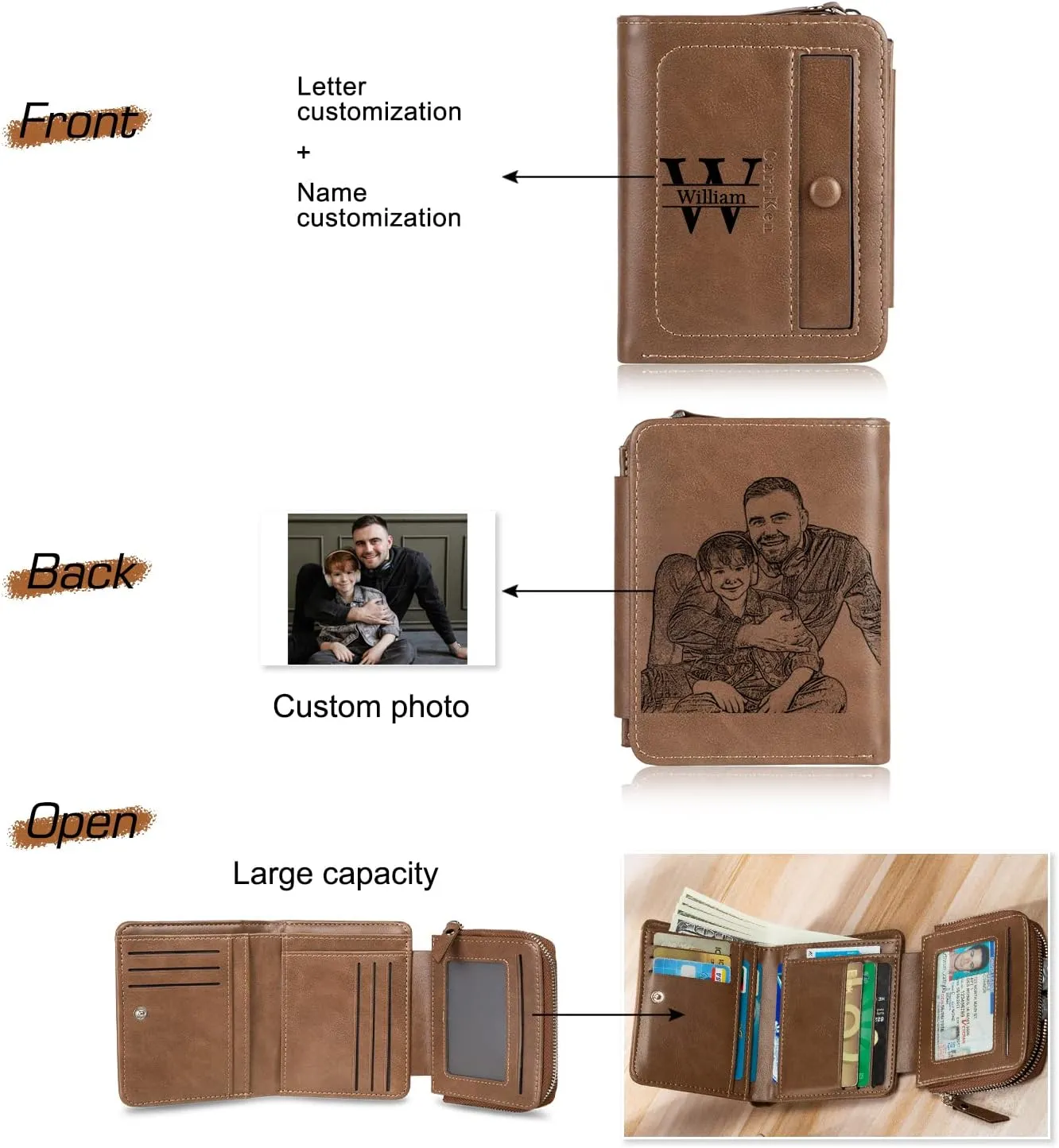 Nobelook Personalized Wallet for men Custom Engraved Mens Wallets with Photo Monogram Name Trifold Vertical Short Leather Wallet Zipper Purse for Father Dad Husband Son BF Brown Gray