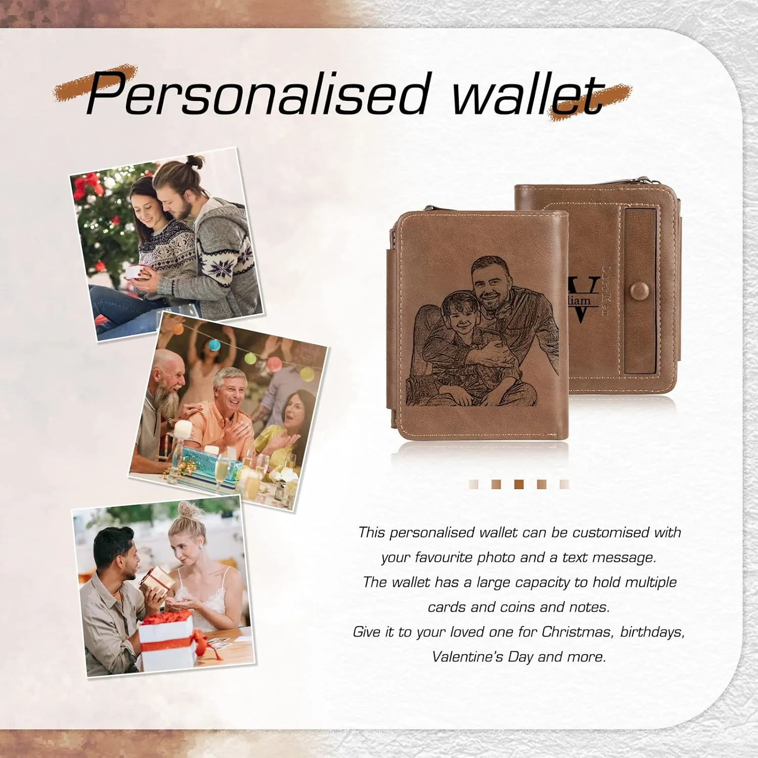 Nobelook Personalized Wallet for men Custom Engraved Mens Wallets with Photo Monogram Name Trifold Vertical Short Leather Wallet Zipper Purse for Father Dad Husband Son BF Brown Gray