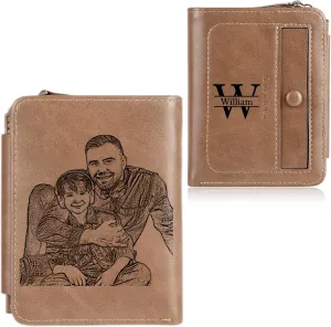 Nobelook Personalized Wallet for men Custom Engraved Mens Wallets with Photo Monogram Name Trifold Vertical Short Leather Wallet Zipper Purse for Father Dad Husband Son BF Brown Gray
