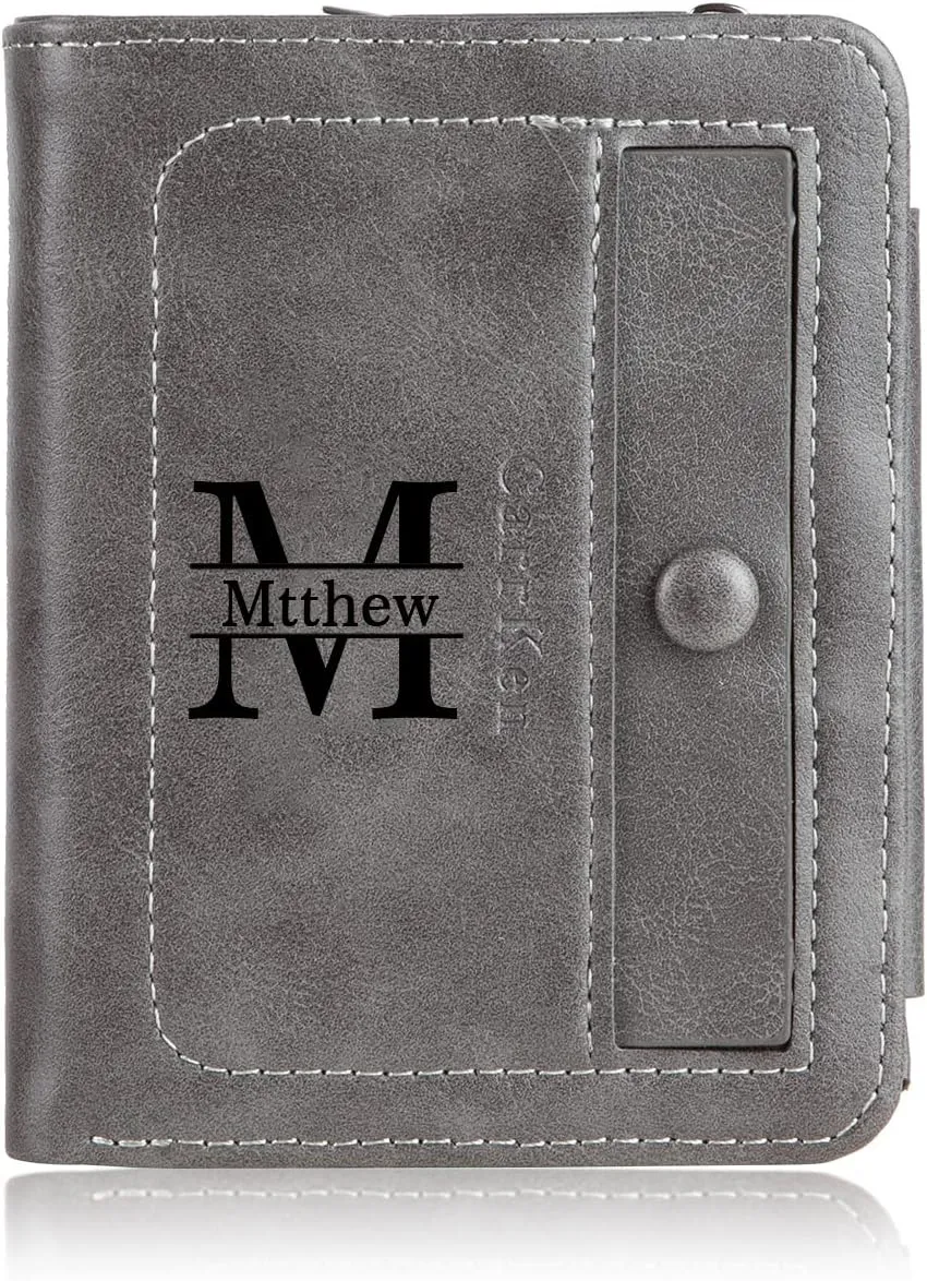 Nobelook Personalized Wallet for men Custom Engraved Mens Wallets with Photo Monogram Name Trifold Vertical Short Leather Wallet Zipper Purse for Father Dad Husband Son BF Brown Gray