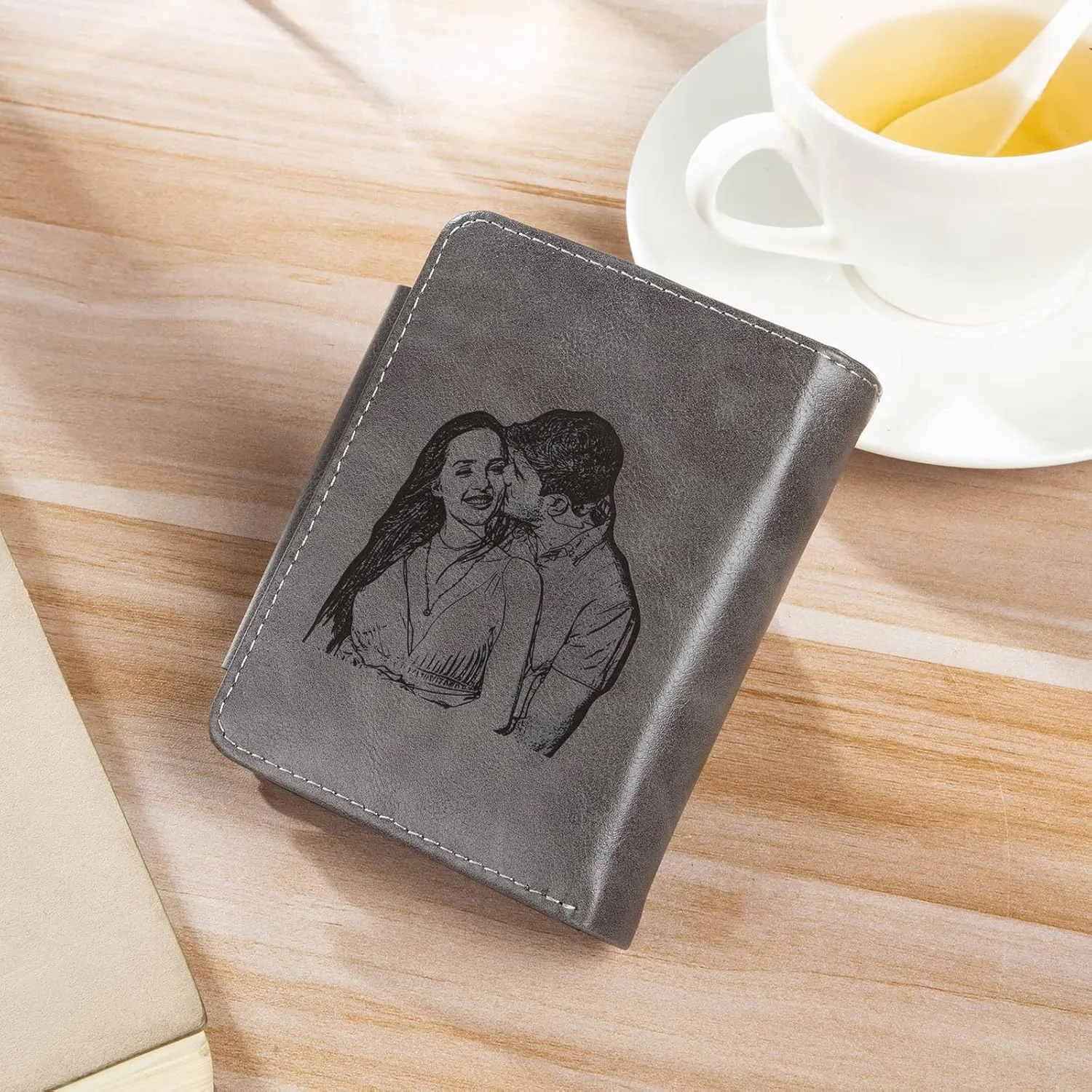 Nobelook Personalized Wallet for men Custom Engraved Mens Wallets with Photo Monogram Name Trifold Vertical Short Leather Wallet Zipper Purse for Father Dad Husband Son BF Brown Gray