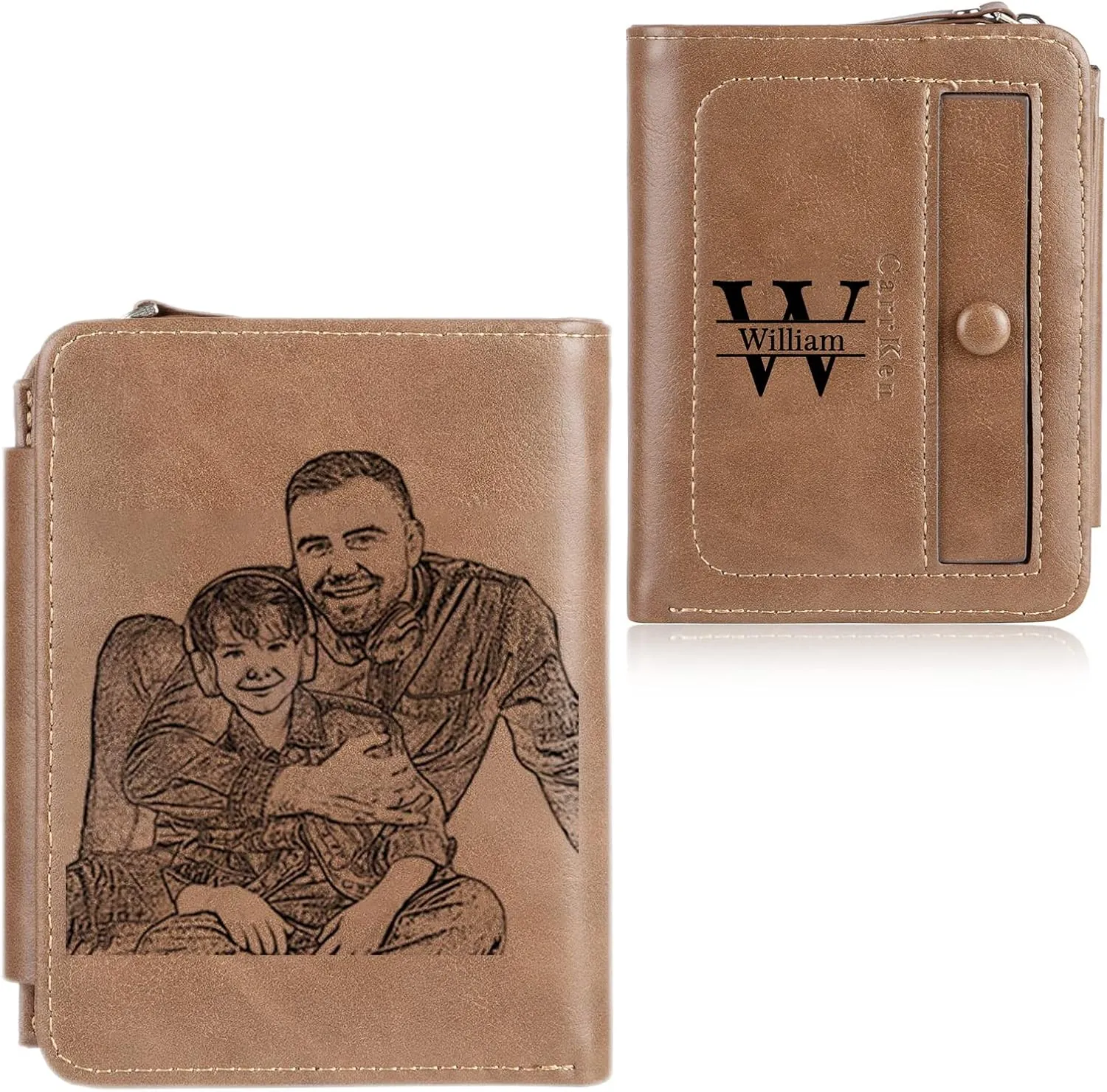 Nobelook Personalized Wallet for men Custom Engraved Mens Wallets with Photo Monogram Name Trifold Vertical Short Leather Wallet Zipper Purse for Father Dad Husband Son BF Brown Gray