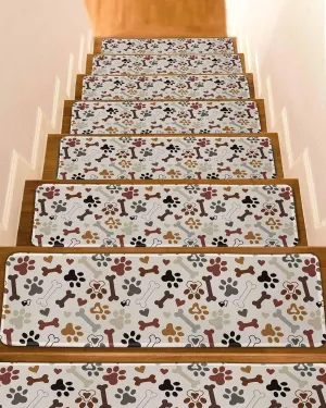 Non Slip Stair Treads for Wooden Steps Vintage Retro Dog Bones Claws Carpet Indoor Stair Runners, Cartoon Step Tread Rugs Adhesive Staircase Mats for Elders,Pets,8''x30'',15PCS