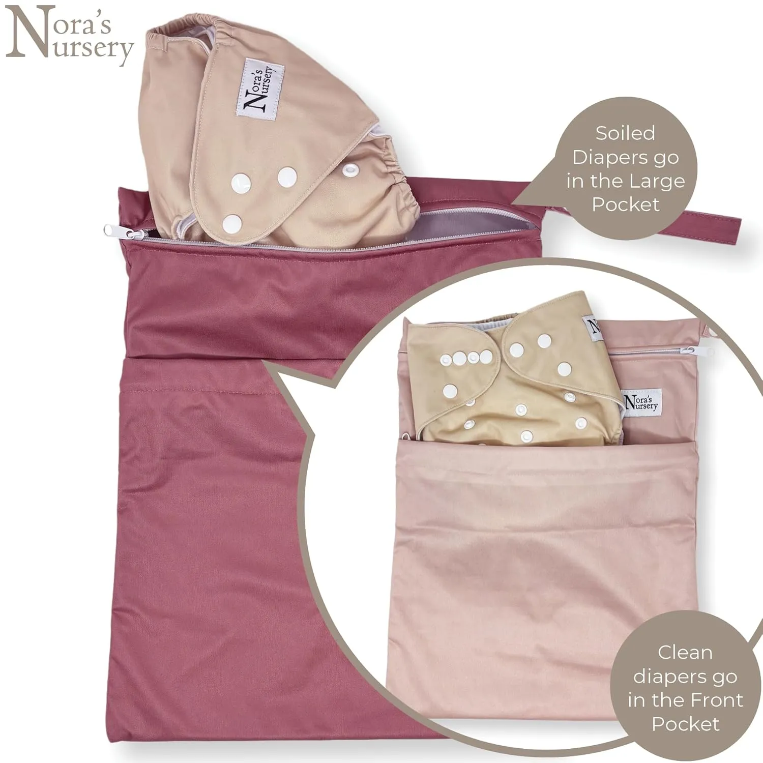 Nora's Nursery Wet Dry Bags with Two Zippered Pockets - Reusable and Washable for Swimming, Travel, Beach, Pool, Daycare, Cloth Diapers, Toiletries, and Wet Swimsuits - 11x15, Rose - 2-Pack