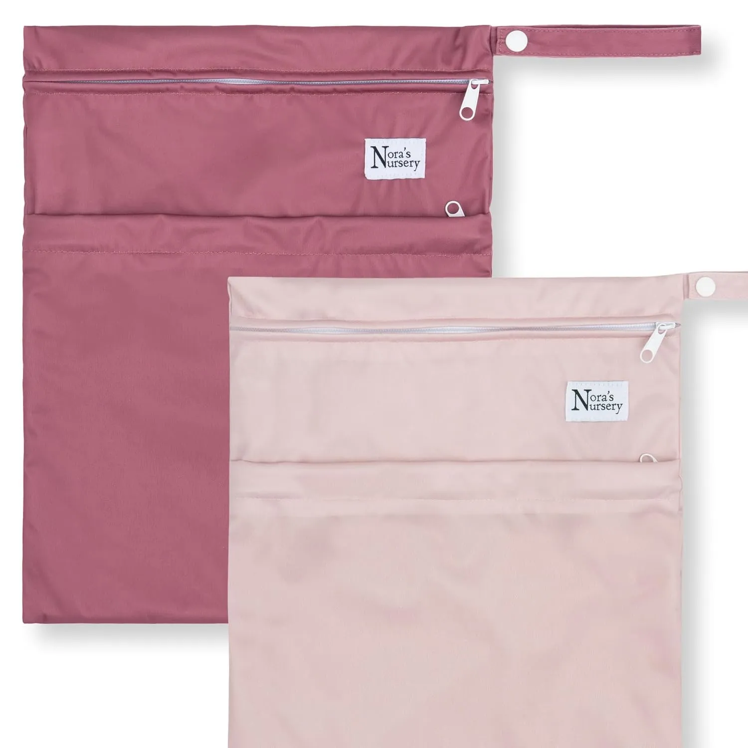 Nora's Nursery Wet Dry Bags with Two Zippered Pockets - Reusable and Washable for Swimming, Travel, Beach, Pool, Daycare, Cloth Diapers, Toiletries, and Wet Swimsuits - 11x15, Rose - 2-Pack