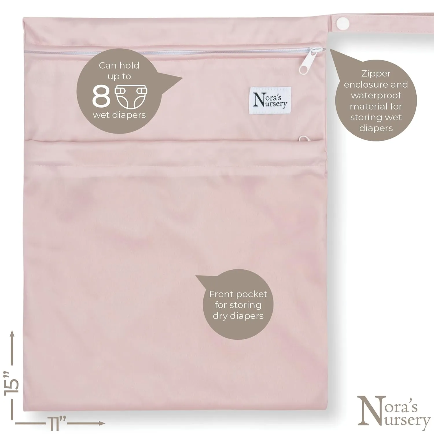 Nora's Nursery Wet Dry Bags with Two Zippered Pockets - Reusable and Washable for Swimming, Travel, Beach, Pool, Daycare, Cloth Diapers, Toiletries, and Wet Swimsuits - 11x15, Rose - 2-Pack