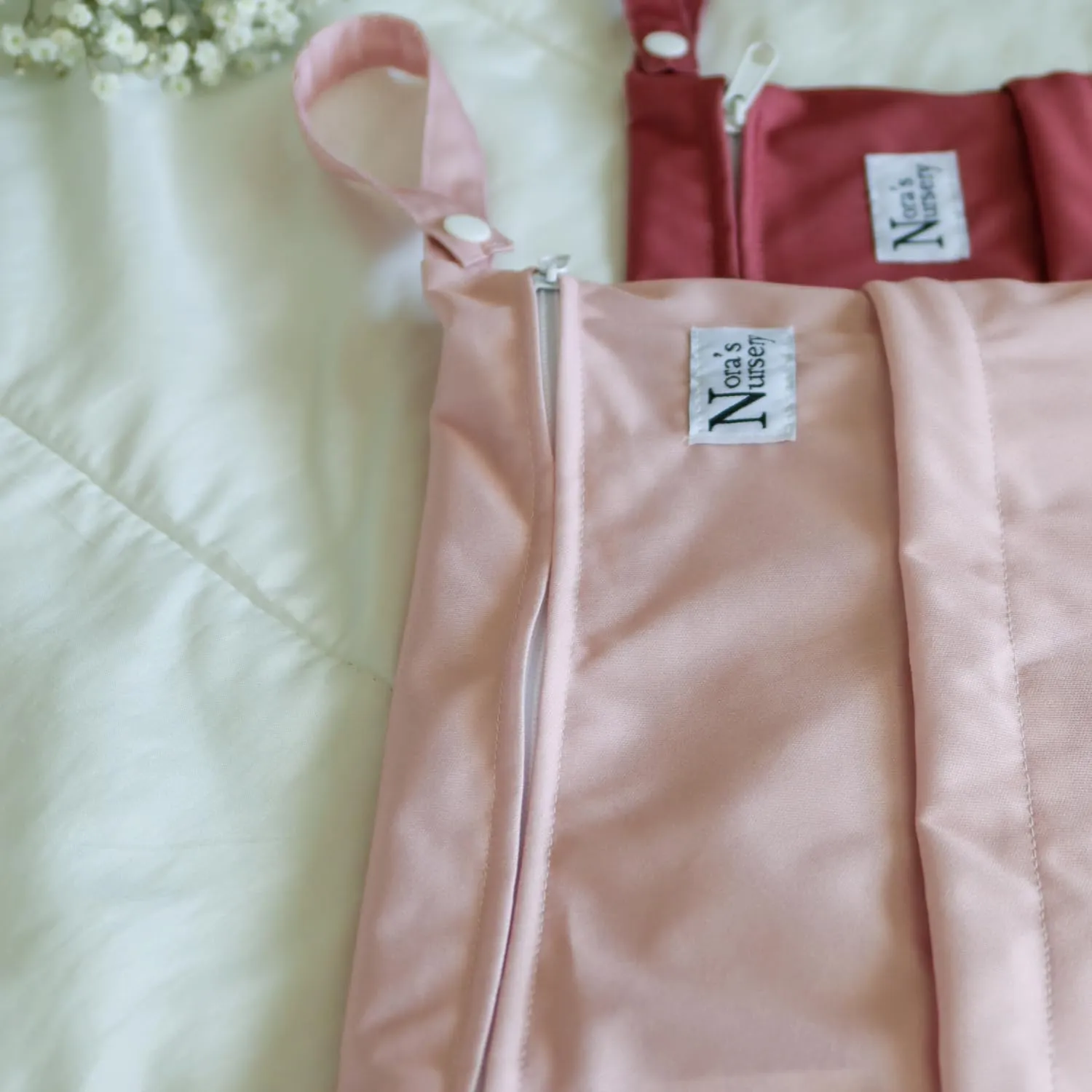 Nora's Nursery Wet Dry Bags with Two Zippered Pockets - Reusable and Washable for Swimming, Travel, Beach, Pool, Daycare, Cloth Diapers, Toiletries, and Wet Swimsuits - 11x15, Rose - 2-Pack