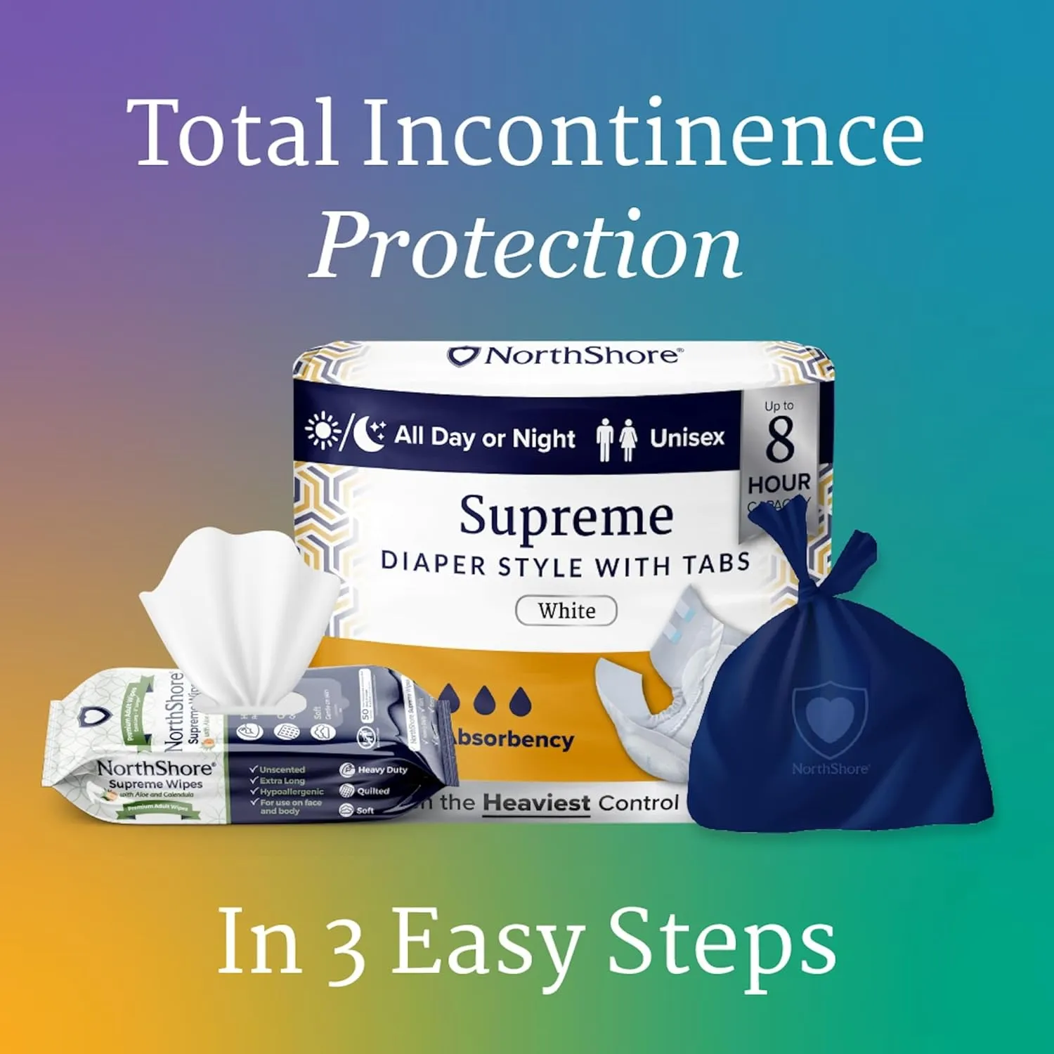NorthShore Supreme Incontinence Tab-Style Briefs for Men and Women, White, X-Large, Trial Pack/4