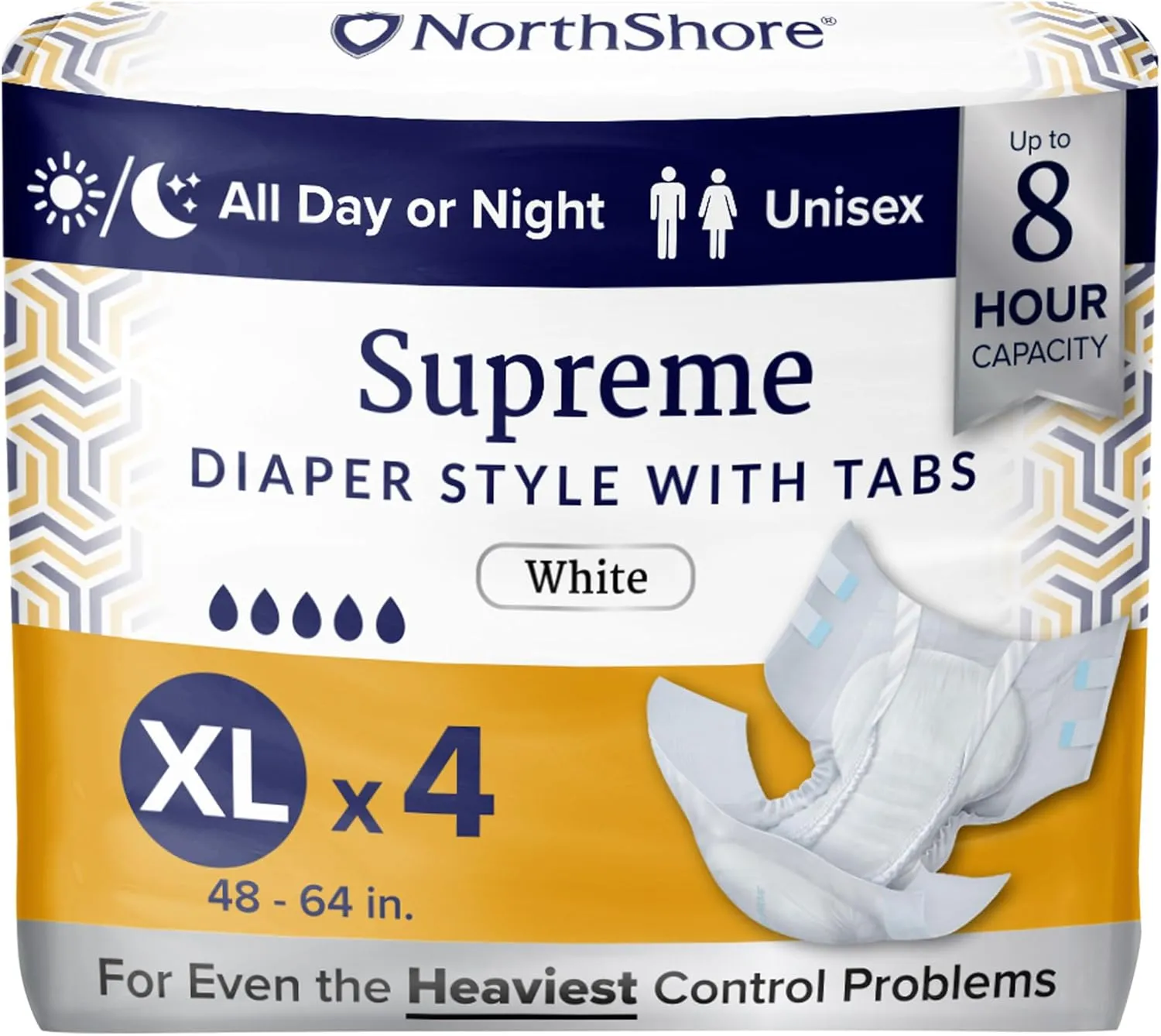 NorthShore Supreme Incontinence Tab-Style Briefs for Men and Women, White, X-Large, Trial Pack/4