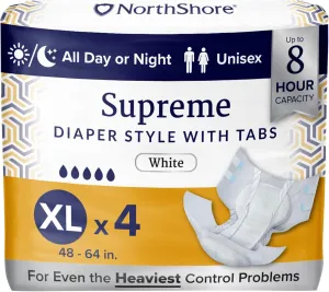 NorthShore Supreme Incontinence Tab-Style Briefs for Men and Women, White, X-Large, Trial Pack/4
