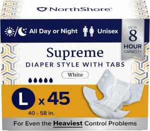 NorthShore Supreme Tab-Style Briefs for Men and Women (White, Large, 45 Count)